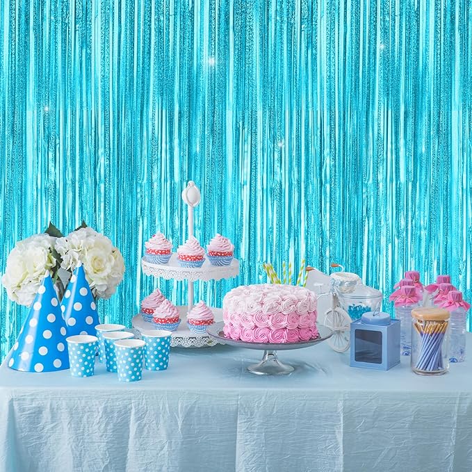 Light Blue Metallic Tinsel Foil Fringe Curtains Backdrop 2Pack 3.3x8.3Ft Blue Party Streamers for Birthday Party Decorations Halloween Christmas Decors Foil Curtain Backdrop for Bachelorette Wedding