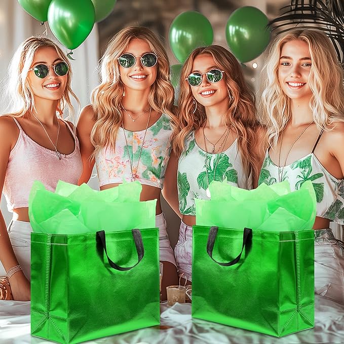 KeerxunBag 12Pcs Reusable Gift Bags（Includes Tissue Paper） Gift bag with handle Birthdays Parties Holidays Weddings Medium 13x5x11in Green Gift Bags