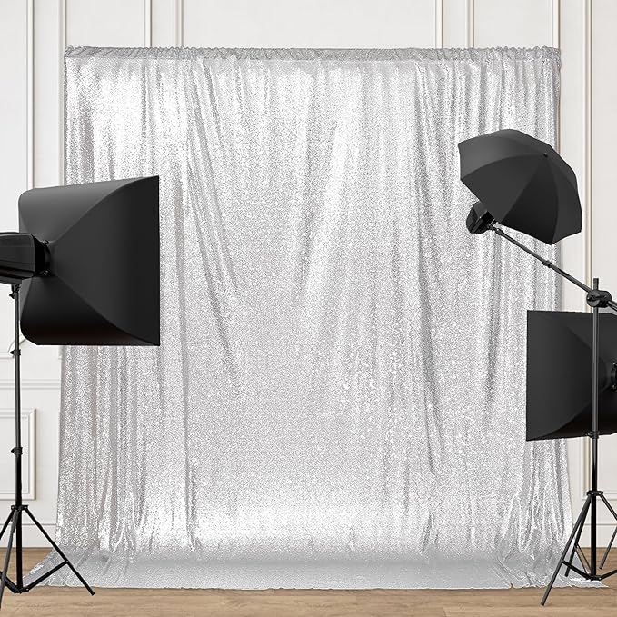 PartyDelight Silver Sequin Backdrop 6x6ft - High Density 3mm Shimmer Sequin Background with 4-Inch Rod Pocket, Sparkly Photography Curtain for Birthday, Disco, TikTok & Live Decor