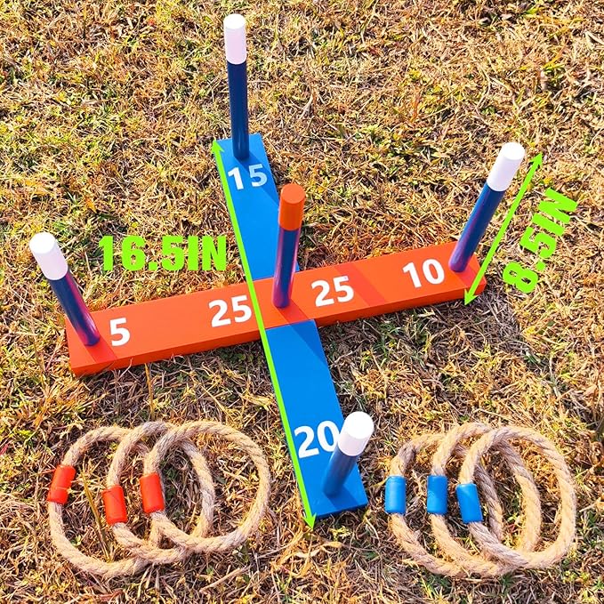 GOOSO Ring Toss Game for Kids - Indoor & Outdoor Game for Family and Adults with 5 Poles, 2 Bases and 6 Rings in 2 Colors, Backyard Party Activities for Adults Lawn Games for Kids