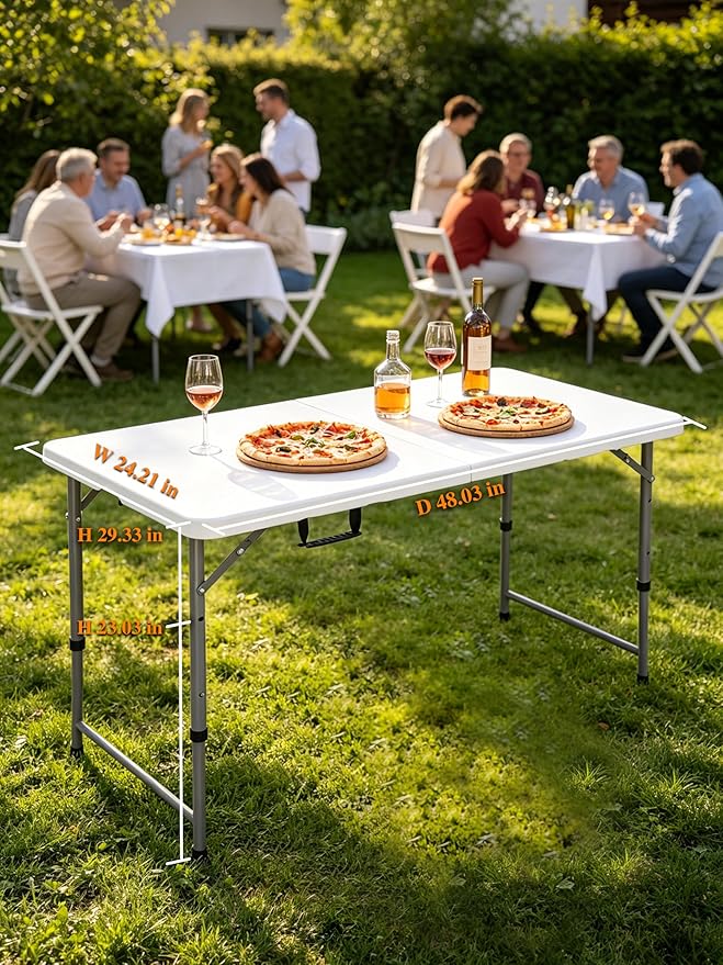 Folding Camping Table 4 Foot Adjustable Height 350lbs, 4FT Folding Picnic Card Table for Outdoor, Plastic Rectangular Dining Work Tables for Indoor, Heavy Duty Fold-in-Half Tray Tables