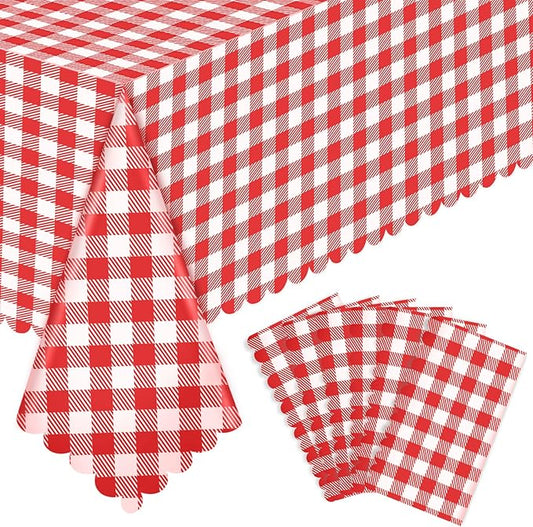 6 Pack Red and White Checkered Tablecloth, 54 X 108Inch Plastic Red Gingham Table Cloth Disposable Spring Picnic Tablecloth Waterproof Red Checkered Table Cover for BBQ Picnic Barbecue Birthday Party