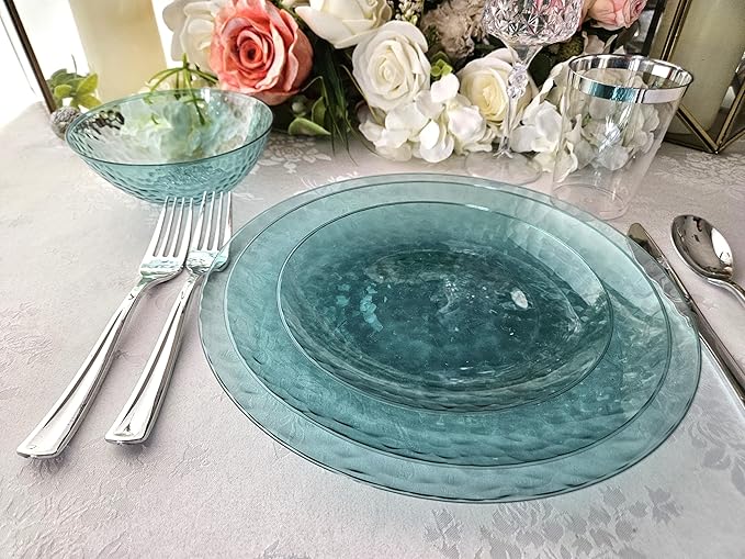 " OCCASIONS " 100 Plates Pack (50 Guests) Wedding Party Disposable Plastic Plate Set -50 x 10'' Dinner + 50 x 7'' Salad/dessert plates (Coastal Clear Blue)