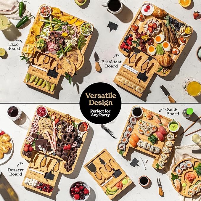 SMIRLY Charcuterie Large Bamboo Cheese Board Set for Serving - House Warming Gifts for New Home, Wedding, Bridal Shower & Birthday, for Women