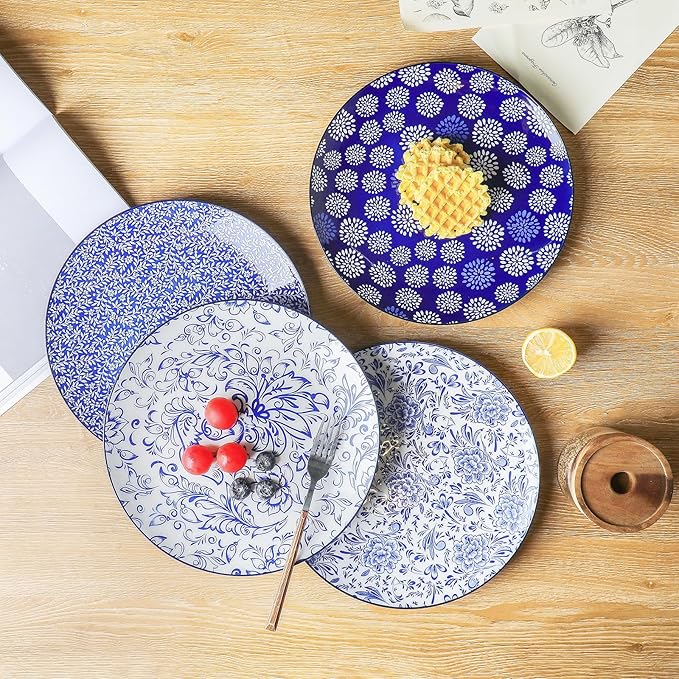 KitchenTour Ceramic Dinner Plates, 10.5 Inch Large Salad Plates Set of 4, Serving Plates for Dessert, Pasta, Steak, Dishwasher and Microwave Safe