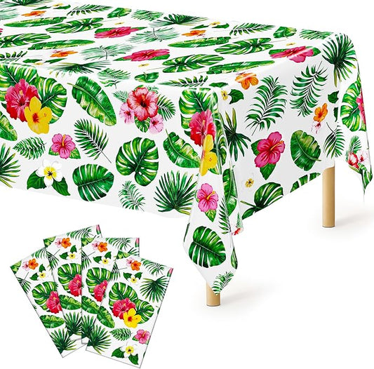QZYL 4Pcs Luau Party Decorations, 108" X 54" Floral Leaf Tablecloth, Disposable Plastic Luau Party Decorations, Rectangle Tropical Palm Tablecover for Hawaiian Theme Decor Tropical Summer Beach Pool