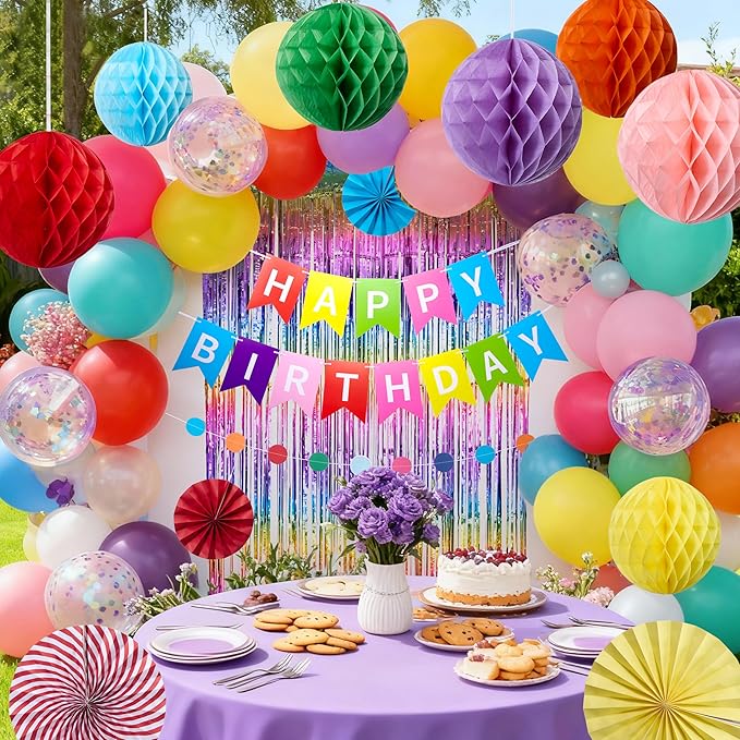 Rainbow Birthday Party Decorations Kit, 16 PCS Colorful Happy Birthday Banner with Foil Fringe Curtain, Paper Fans, Honeycomb Balls and Circle Dots Garland, Photo Backdrop Birthday Party Decor Baby Shower for Girls Boys Women