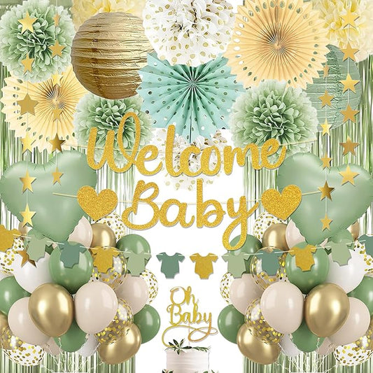 Sage Green Baby Shower Decorations - Gender Neutral Baby Shower Decor Set with Welcome Baby Banner, Tissue Pom Poms, Paper Lanterns, Flower Fans, Balloons, "Oh Baby" Cake Topper & Star Garland
