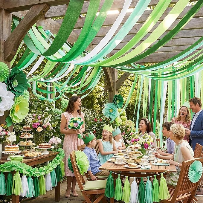 Koogel 12 Rolls Gradient Green Crepe Paper Streamers - 1.8 in x 82 ft Each - Bulk Decorations for St. Patrick's Day, World Cup Soccer Party, Tropical Fiesta, and Piñata Making Supplies