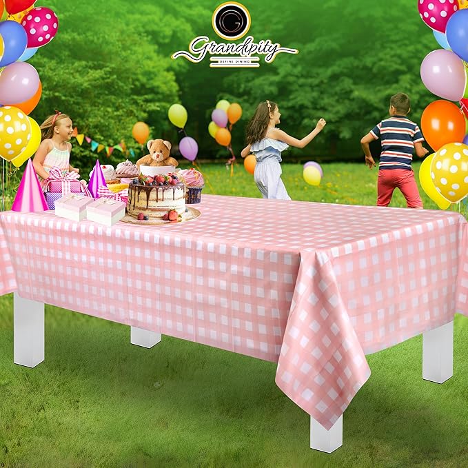 Grandipity Pink Gingham Checkered Plastic Table Cloth Disposable (6 Pk) 54in x 108in Plastic Tablecloths for Rectangle Tables - Premium Party Table Cloths Disposable for 6ft to 8ft Rectangle Tables