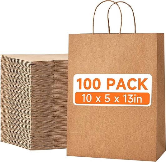 METAPRINT 100pcs Large Brown Paper Bags with Handles in Bulk, 10x5x13 Kraft Gift Bags, Recyclable Shopping Bags for Retail, Birthday, Parties & Weddings