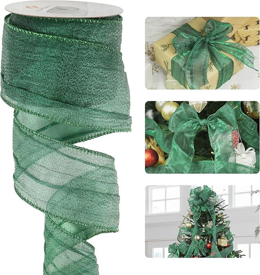 HUIHUANG Dark Green Wired Ribbon 2.5 inch Metallic Crinkle Green Wire Ribbon for Christmas Tree, Bows Making, Wreath Making Supplies, Gift Wrapping, Holiday Home Decor, DIY Crafts -10 Yards
