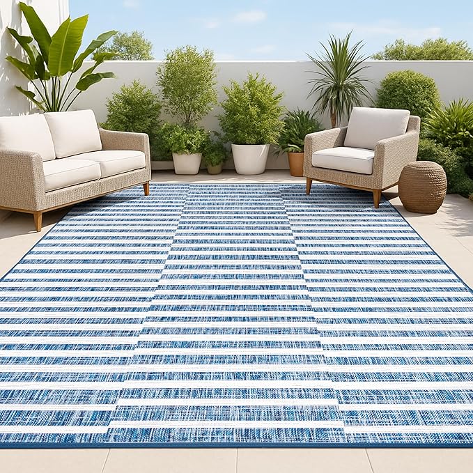 JONATHAN Y Offset Stripe Indoor Outdoor Area Rug 3X5 Blue/Ivory, Sukie Modern for Backyard, Patio, Porch, Easy-Cleaning, High Traffic, Pet-Friendly, Non-Shedding (SMB133D-3)