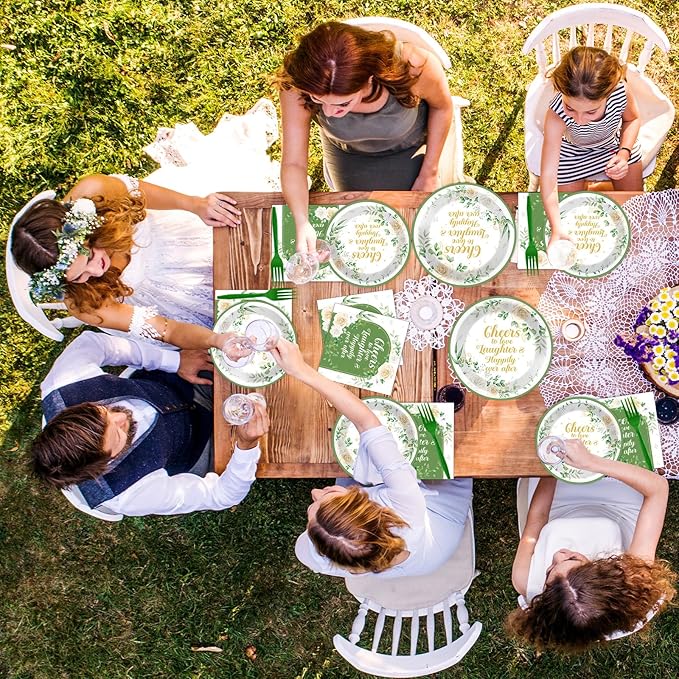 96Pcs Bridal Shower Party Supplies Eucalyptus Leaves Wedding Paper Plates Nankins Sage Green Party Decoration Engagement Cheers to Love Bridal Shower Holiday Dinnerware Party Favor Tableware Serves 24