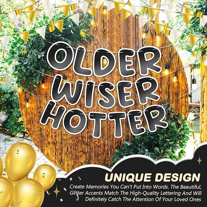 Fulmoon Set of 3 Pre Strung Older Wiser Hotter Glitter Banner Funny Birthday Banner for Women 30th 40th 50th 60th 70th 80th Birthday Party Decorations Sign Gift(Bright Black and White)