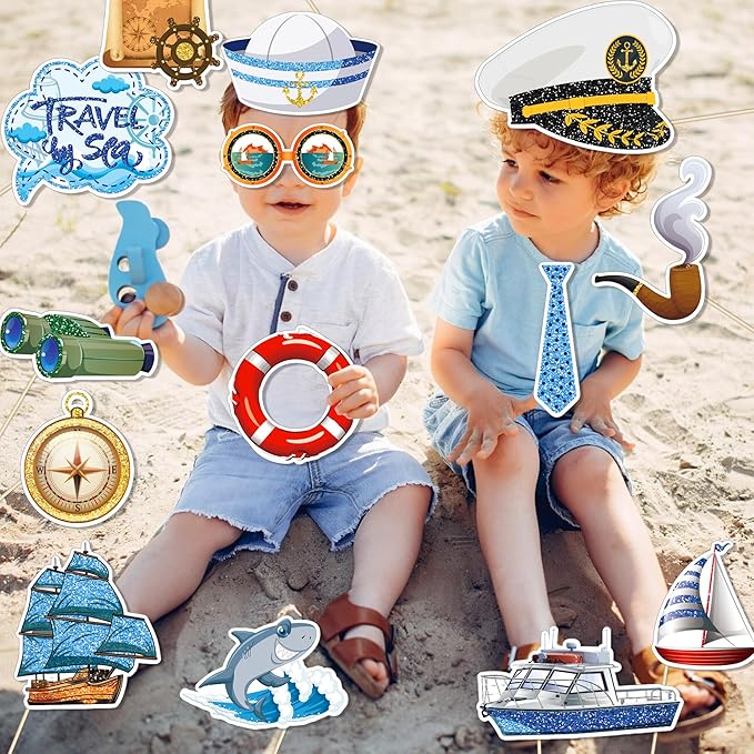 25Pcs Nautical Photo Booth Props for Sailor Birthday Party Decorations, Cruise Anchor Sailboat Yacht Theme Selfie Props Photography Backdrop Decorations for Nautical Ahoy Boy Birthday Party Supplies