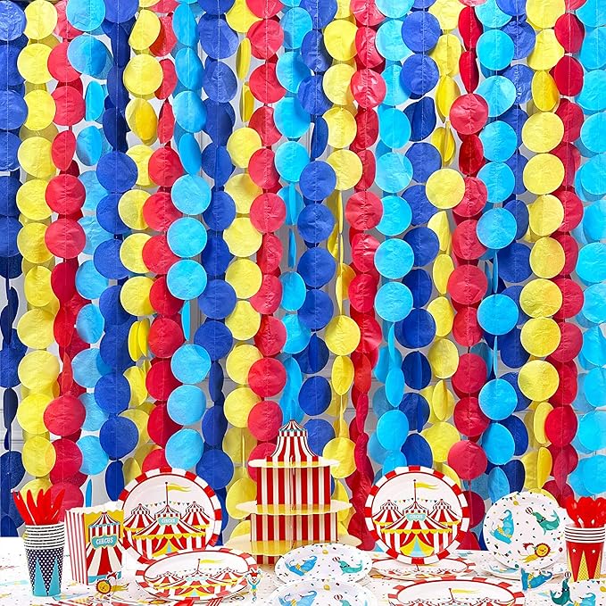 205Ft Red Blue Yellow Party Decorations Big Polka Dot Tissue Paper Backdrop Streamer Colorful Circle Dots Hanging Garland for Carnival Circus Clown Fiesta Festivals Birthday Baby Shower Party Supplies