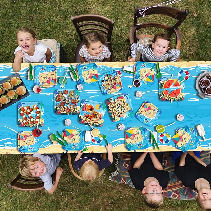 Beach Theme Party Supplies, Summer Pool Pack Includes: Paper Dinner Plates, Dessert Plates, Luncheon Napkins, Cups and Tablecloth for Hawaiian Party Birthday Decorations, Serve 25