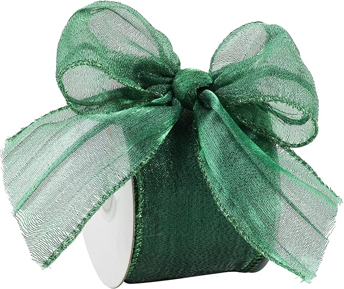 HUIHUANG Dark Green Wired Ribbon 2.5 inch Metallic Crinkle Green Wire Ribbon for Christmas Tree, Bows Making, Wreath Making Supplies, Gift Wrapping, Holiday Home Decor, DIY Crafts -10 Yards