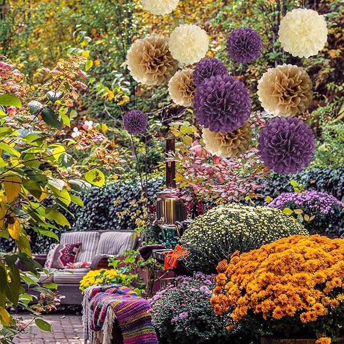 20 PCS Purple Tissue Paper Pom Poms, Tissue Pom Poms Flowers, Sizes of 6", 10", 12", 14" Hanging Paper Flower Ball for Wedding, Birthday, Halloween, Christmas, Baby Shower Party Decor