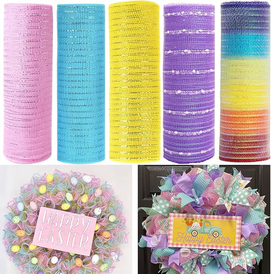 5 Rolls Easter Mesh Ribbon for Wreath, 10 Inch x 30FT Per Roll Metallic Foil Deco Mesh Rolls Light Pink Blue Yellow Purple Snowball Rainbow Decorative Mesh for Spring Easter Baby Shower Decor