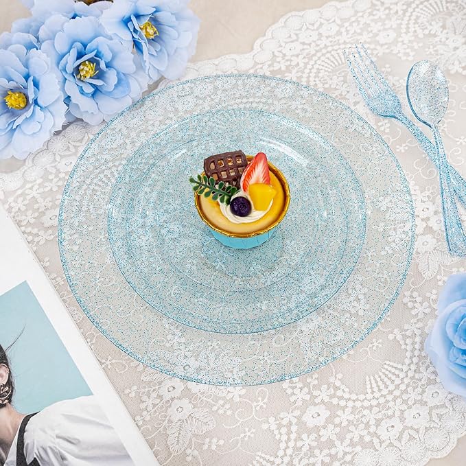 Rubtlamp 180Pcs Blue Glitter Dinnerware Set(30 Guests), Blue Plastic Plate With Gitter Disposable Silverware, Gitter Plate Set Include 30Dinner Platos, 30Dessert Platos, 90Cutlerys, 30Cups for Party
