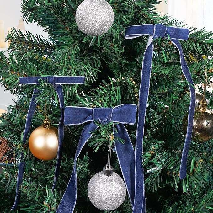 Navy Blue Velvet Ribbon for Gift Wrapping, 3 Rolls Vintage Thin Velvet Ribbon Set for Christmas Tree Decoration, 3/8, 5/8, 1 inch Wide, 30 Yards Totally, Thick Christmas Ribbons for Bow Ornaments
