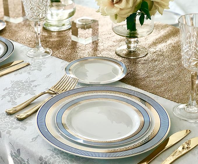 " OCCASIONS " 120 Plates Pack,(60 Guests) Heavyweight Premium Wedding Party Disposable Plastic Plates Set -60 x 10.5'' Dinner + 60 x 7.5'' Salad/Dessert(Louvre Blue/Gold)