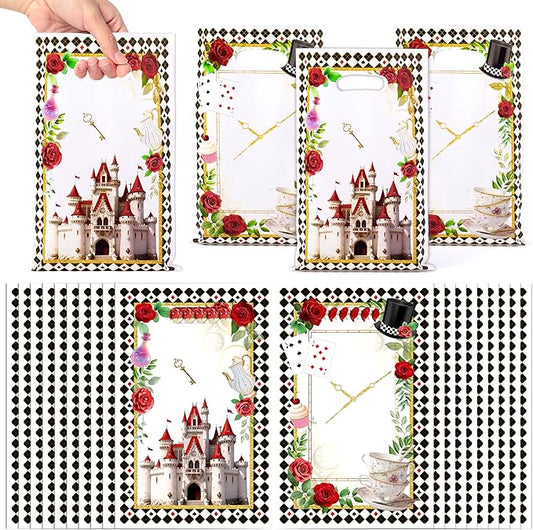 Andi Cppss Tea Floral Party Favor Bags - 50PCS Teapot Black and White Checkered Plastic Gift Bags with Handle for Garden Tea Floral Theme Baby Shower Birthday Wedding Mother's Day Party Favor