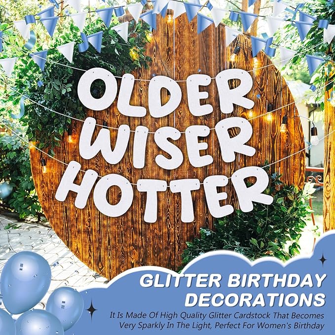 Fulmoon Set of 3 Pre Strung Older Wiser Hotter Glitter Banner Funny Birthday Banner for Women 30th 40th 50th 60th 70th 80th Birthday Party Decorations Sign Gift(White)