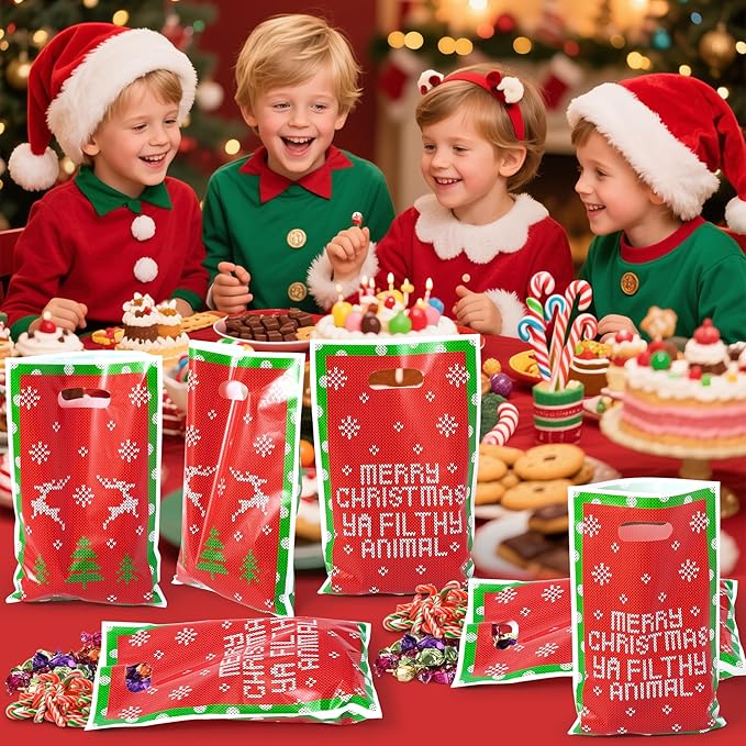 JuPelozak Christmas Party Favor Bags - 50pcs Funny Xmas Movie Goodie Bag, Merry Christmas Ya Filthy Animal Candy Cookies Gift Decor for Adult Teen Fans, Holiday Celebration Decorations Supplies
