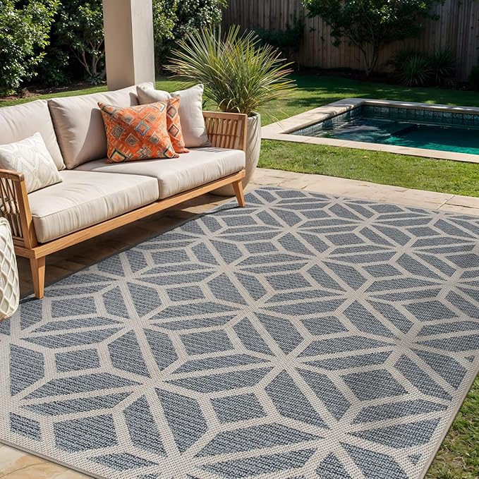 Rugshop Blue Contemporary Geometric Indoor/Outdoor Area Rug — Hose Washable for Living Room, Dining Room and Bedroom, 5' x 7'