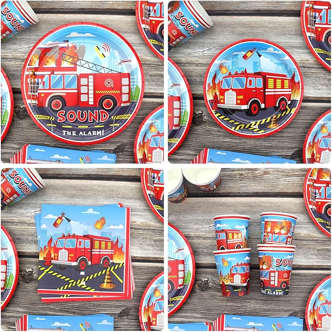 Firetruck Party Supplies - Fire Truck Party Tableware - Dinner Plates Desserts Plates Cups Napkins Tablecover Straws for Truck Theme Party Baby Shower Supplies, Serves 20 (20)