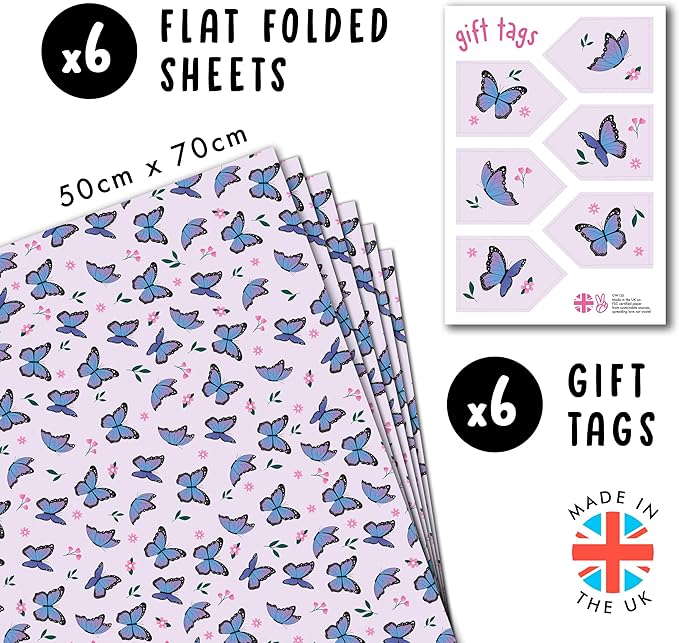Central 23-6 Wrapping Paper Sheets - Purple Butterflies - GiftWrap for Girls Women - Birthday Gift Wrap - Recyclable - Made in the UK