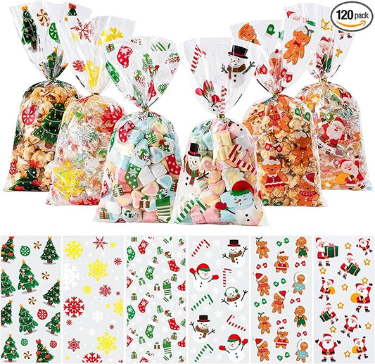 Aegero 120 Pcs Christmas Cellophane Treat Bags, Xmas Gift Candy Goodies Bags with 140 Pcs Twists for Xmas Party Favor Supplies,Kids Party Favors,Snacks Cookies Packing(10.63 x 5.12 inches,Christmas01)