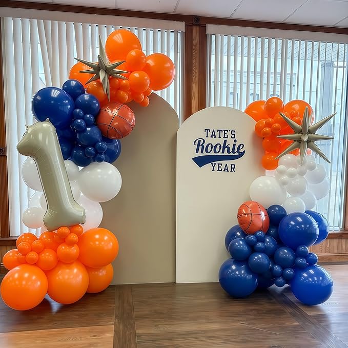 Blue and Orange Balloon Arch Garland Kit, 121PCS Dark Royal Blue and Orange White Balloons with Spikes Balloon for College High School Class of 2026 Graduation Birthday Basketball Party Decorations