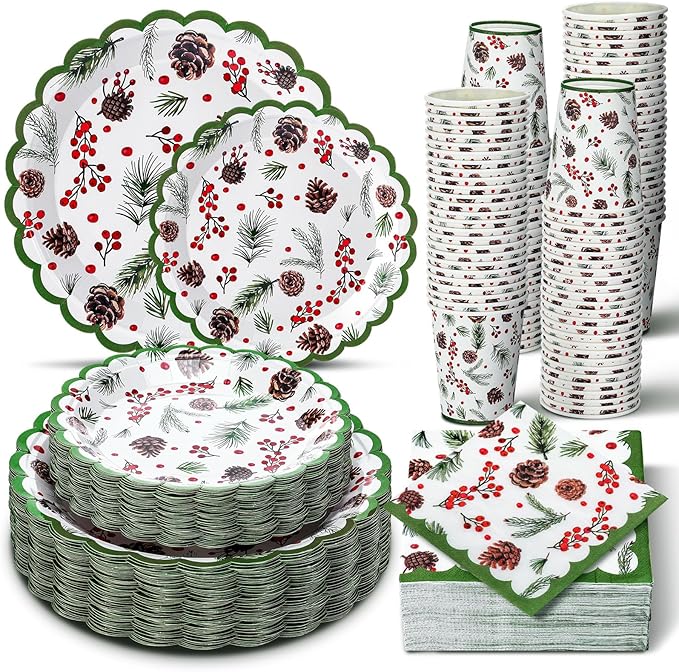 Domensi 250 Pcs Christmas Party Supplies Holly Leaf Berries Christmas Paper Plates and Napkins Cups Disposable Plates Napkins Tableware Set for 50 Guests for Xmas Winter Holiday Decoration
