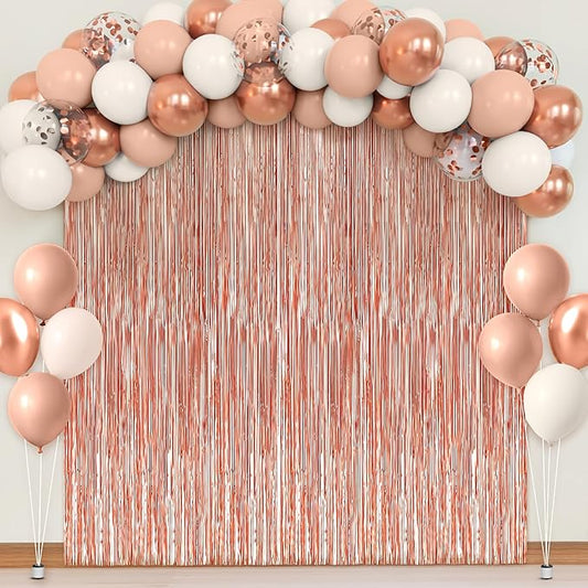 KatchOn Rose Gold Party Decorations Set – Pack of 52 | Rose Gold Fringe Backdrop with Latex Balloons Confetti Balloons for Birthday, Wedding, Anniversary, Bridal Shower, Bachelorette Party Decorations