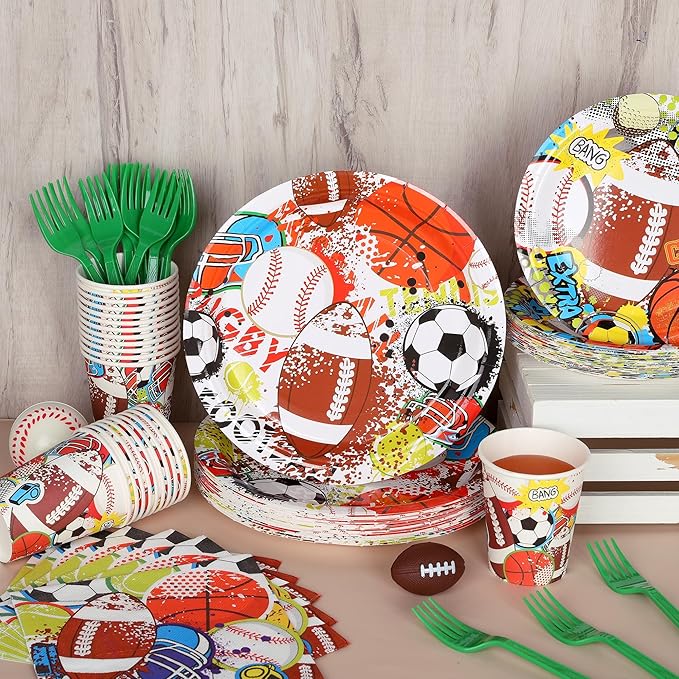 Kochorie 144 Pieces Sports Party Supplies, Sports Tableware Sets Including Disposable Paper Plates Napkins Cups Forks Serves 24 for Birthday Rugby Baseball Basketball Soccer Party Decorations
