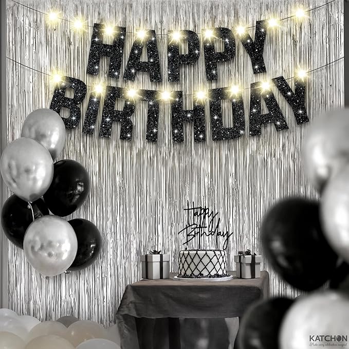 KatchOn, Black and Silver Birthday Decorations Set - Pack of 5 | Glitter Happy Birthday Banner, Silver Backdrop, Led Light, Cake Topper | Happy Birthday Decorations for Men, Women, Girls and Boys