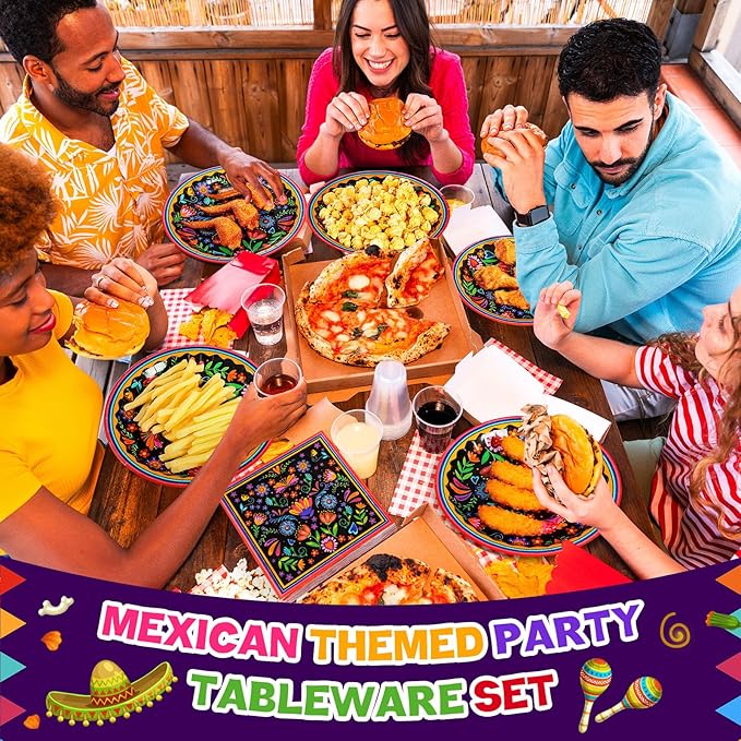Domensi 200 Pieces Mexican Party Decoration Supplies Serves 50/100 Guests, Mexican Paper Plates Napkins Cups Set Fiesta Disposable Tableware for Cinco De Mayo Taco Tuesday Birthday Party Decorations