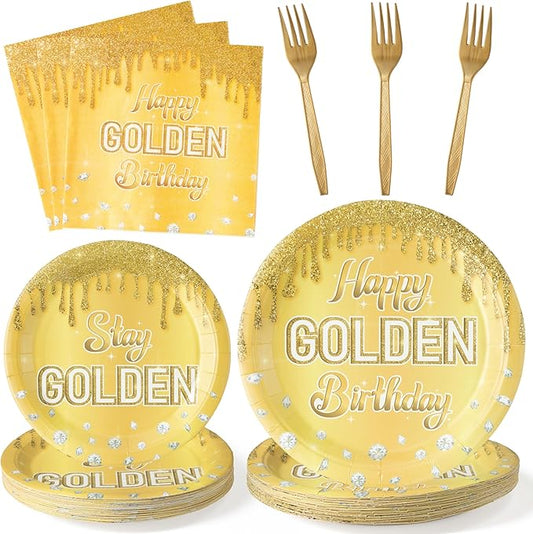 Happy Golden Birthday Gold Glitter Golden Diamond Party Plates Supplies - Serves 24-96Pcs Party Tableware Decorations Disposable Paper Plates Napkins Forks for Birthday Anniversary