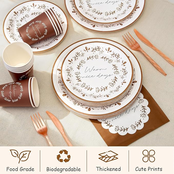 144Pcs Boho Birthday Party Supplies Decorations Brown Flower Paper Plates Napkins Vintage Party Tableware Disposable Dinnerware Set for Birthday Baby Shower Table Decor, Serve 24