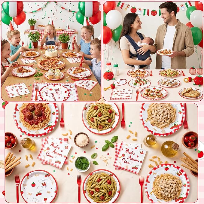 Haooryx Baby Pasta Noodle Party Tableware - 96 Pcs Red Tomato Italian Noodle Baby Print Decor Disposable Paper Plates Napkins Plastic Forks for Baby Shower Boys Girls Birthday Party Table Decor Supply