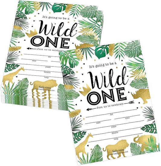 Hadley Designs Kids Birthday Invitations For Boys and Girls Safari Theme - 25 Wild One 1st Birthday Party Invitations For Boys, Jungle Invites For Girls, Cute Animals Party Supplies, Made In USA