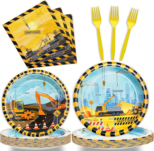 96 Pcs Construction Birthday Party Plates Napkins Forks Supplies Tableware Set Disposable Table Dump Truck Theme Decoration for Boys/Kids Birthday Party, Serves 24 Guests