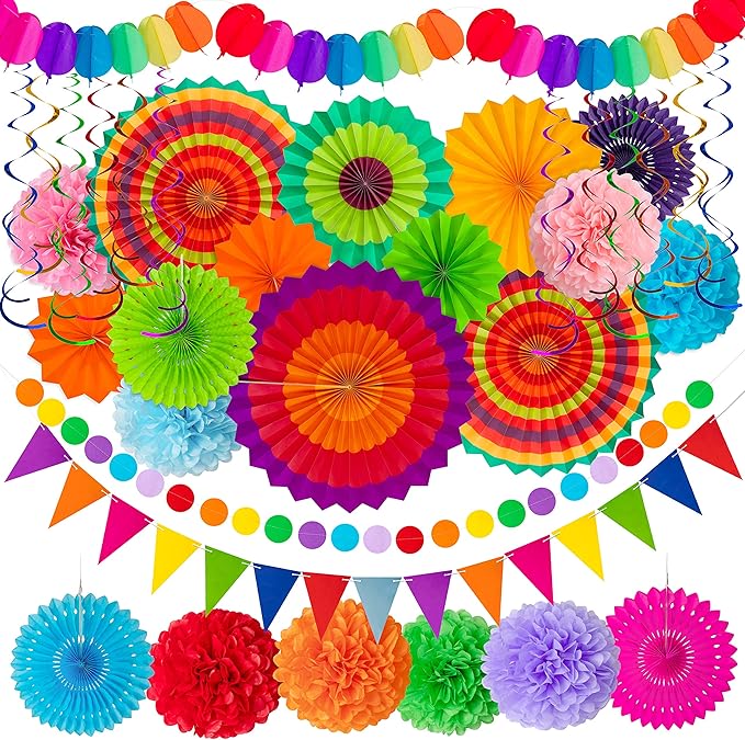 35PCS Fiesta Paper Fan Party Decorations Set - Cinco De Mayo Pom Poms,Pre-assembled Pennant,Garland String,Banner,Hanging Swirls Hispanic Heritage Month Decor Supplies,Multicolored