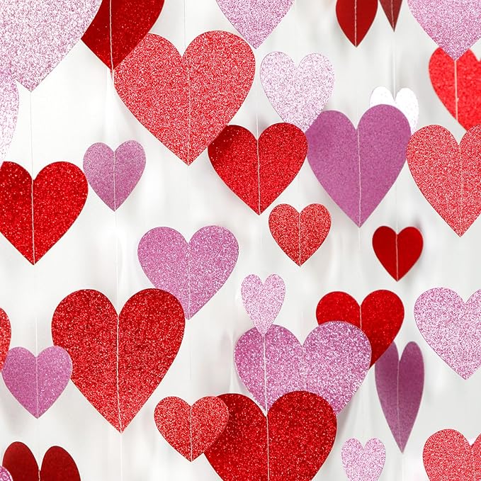 Galentines Valentines Party-Decorations Heart Garland - 6pcs Glitter Pink Red Love Hanging Streamers,Romantic Special Night Baby Shower Wedding Anniversary Ceiling Banner Backdrop Decor Burgleda