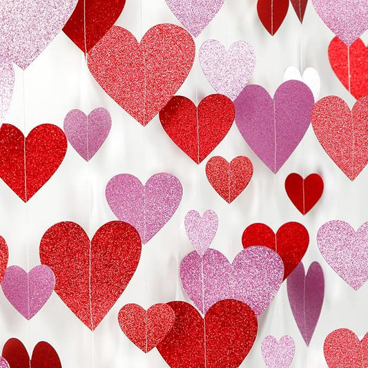 Galentines Valentines Party-Decorations Heart Garland - 6pcs Glitter Pink Red Love Hanging Streamers,Romantic Special Night Baby Shower Wedding Anniversary Ceiling Banner Backdrop Decor Burgleda