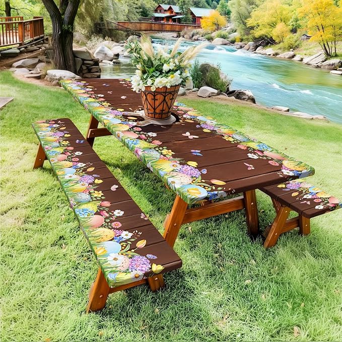 Easter Picnic Table Cover with Bench Covers Elastic Edges, Cute Bunny Flower Brown Wood Fitted Table Cover, Outdoor Patio Camping Essentials, Waterproof Camping Fitted Tablecloth, 3PCS, 30x60 Inch